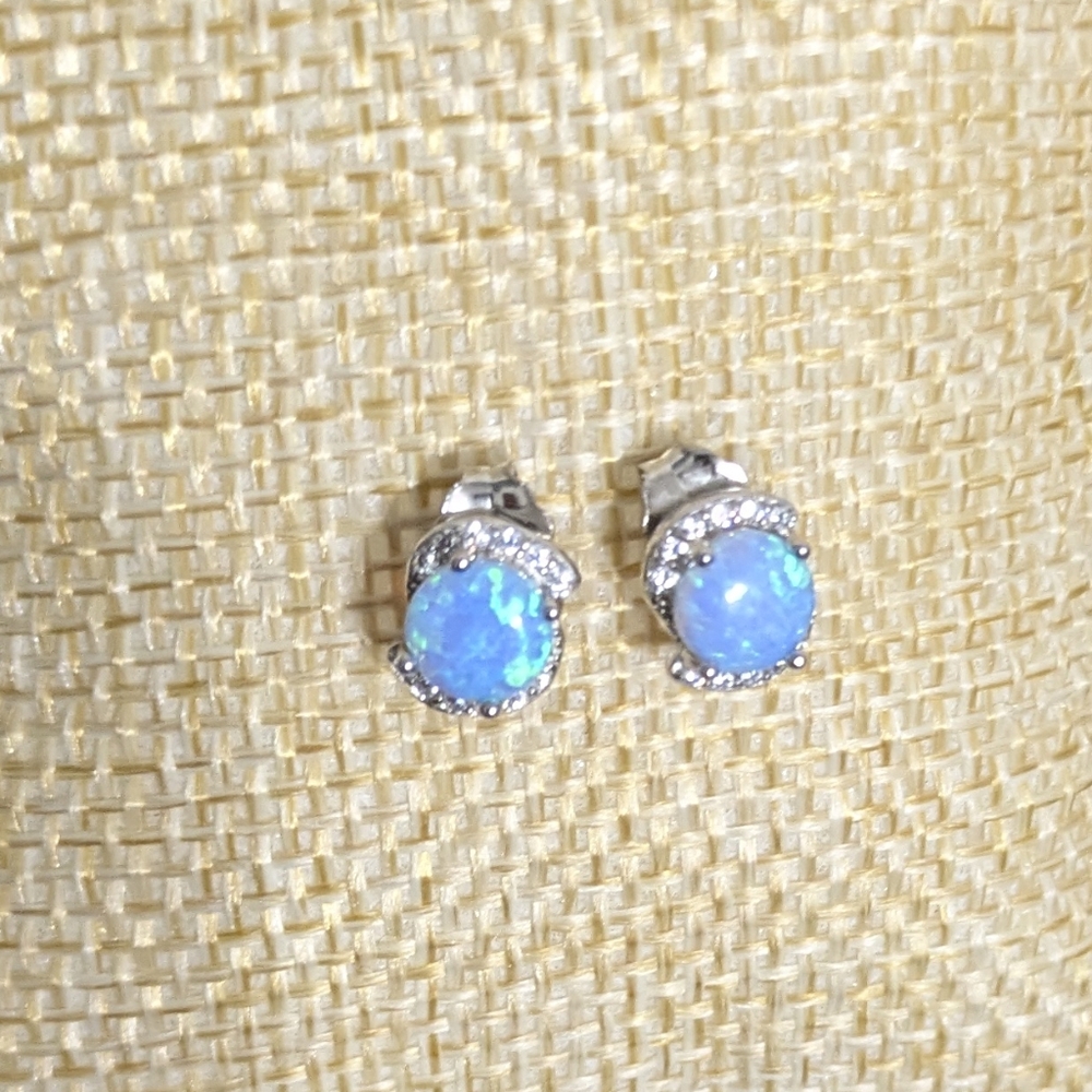 Lab Created Opal and CZ Stud Earrings